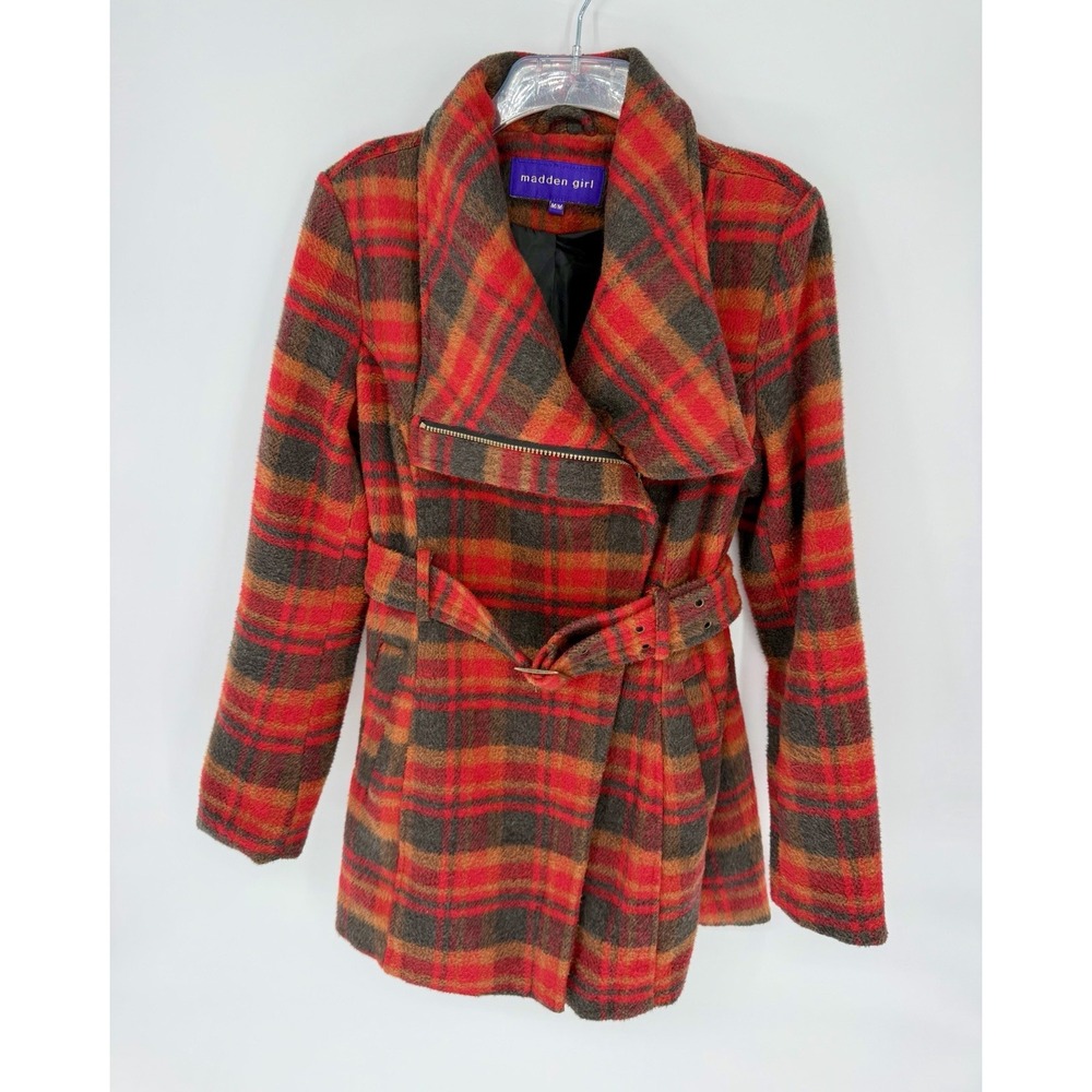 Madden Girl Red & Black Plaid Asymmetrical Zip Coat – Medium